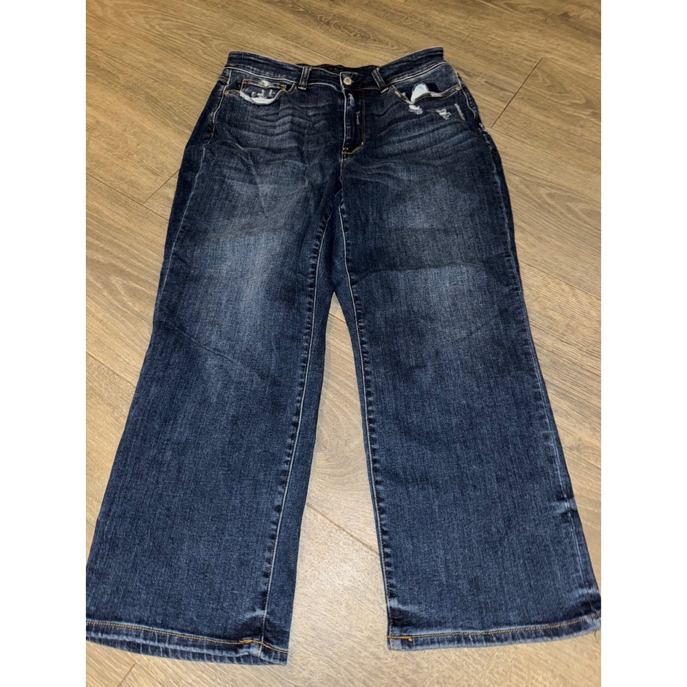 Judy Blue Women 16W Dark Wash Distressed Wide Leg High Rise Denim Jeans